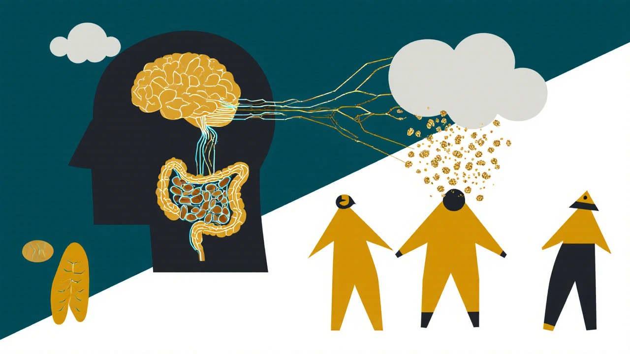 Brain linked to gut by golden particles from fermenting beans, reducing inflammation.