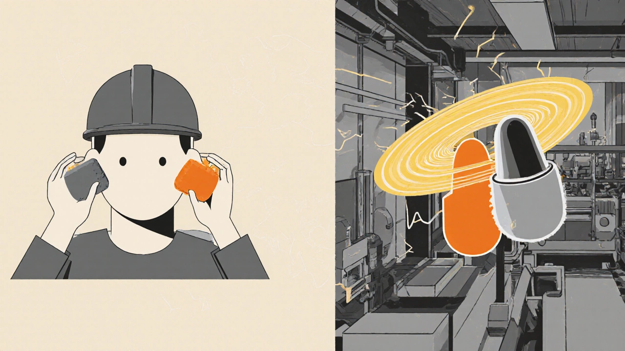 Contrast between wrong and correct earplug use in minimalist industrial setting