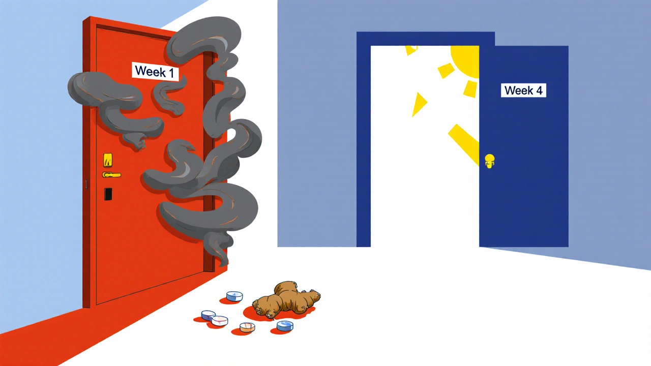 Door from Week 1 nausea to Week 4 relief, with vortioxetine pill and ginger on floor.