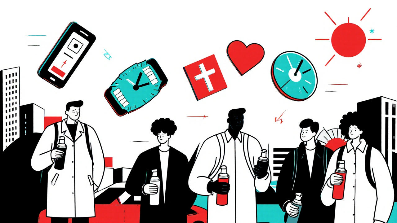 Five people carrying naloxone spray in everyday items, symbolizing widespread accessibility and preparedness.