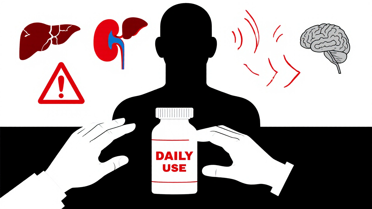 Human body with warning symbols showing risks of daily OTC medication use