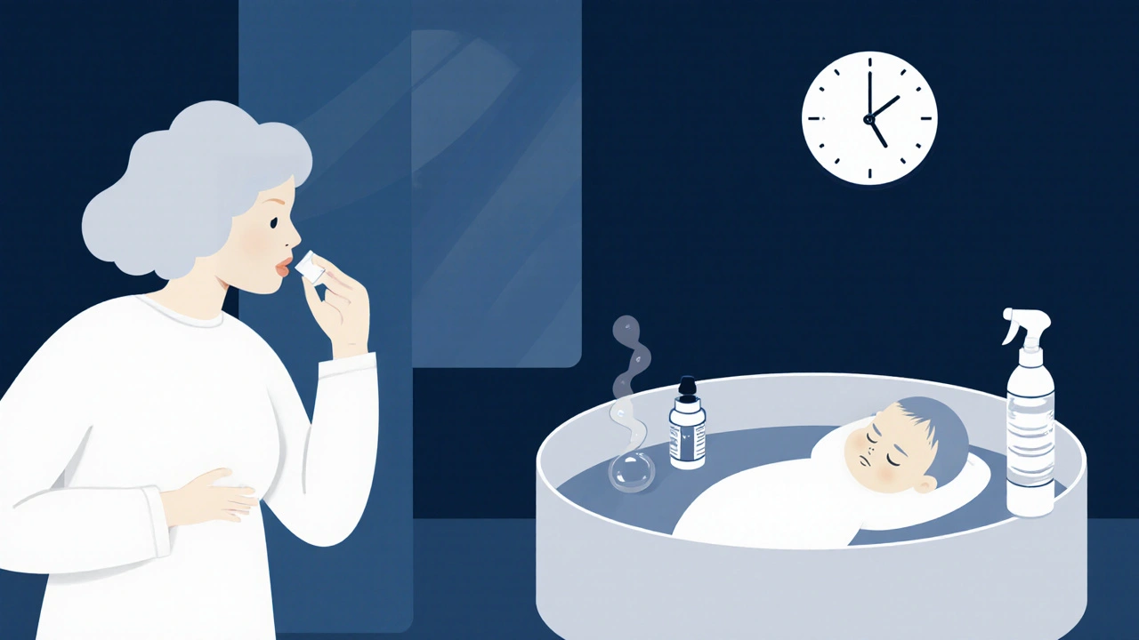 Mother takes safe cough medicine at night, baby sleeps peacefully nearby with saline spray and nasal inhaler.