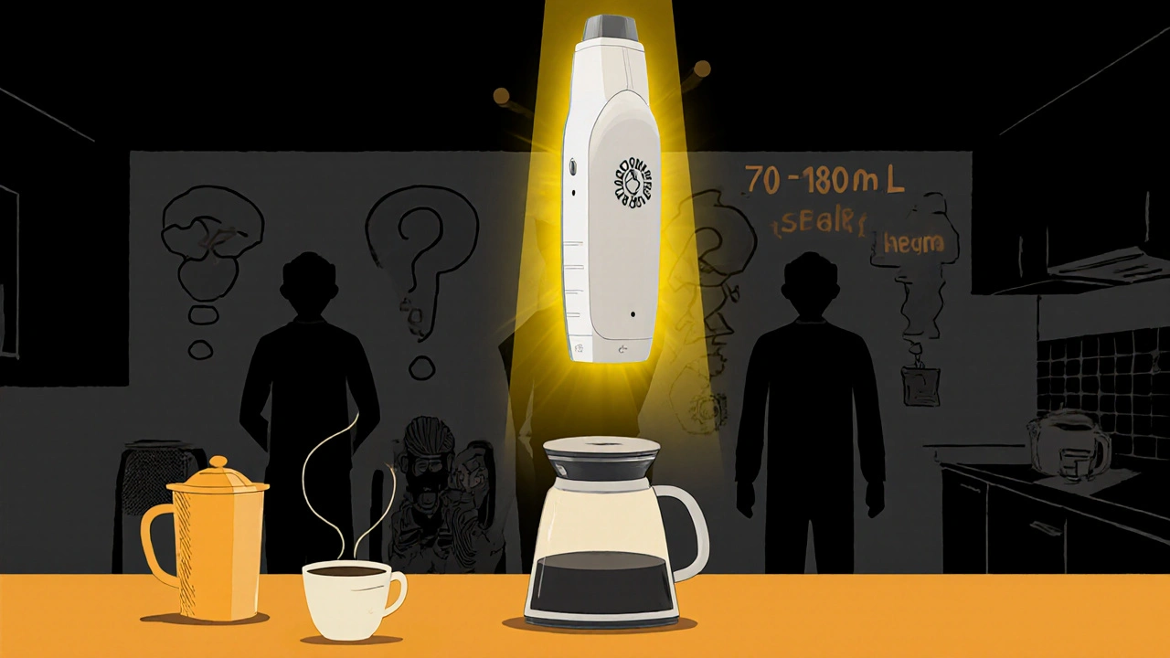 Nasal glucagon device glowing above a coffee maker in a senior&#039;s kitchen, symbolizing emergency safety.