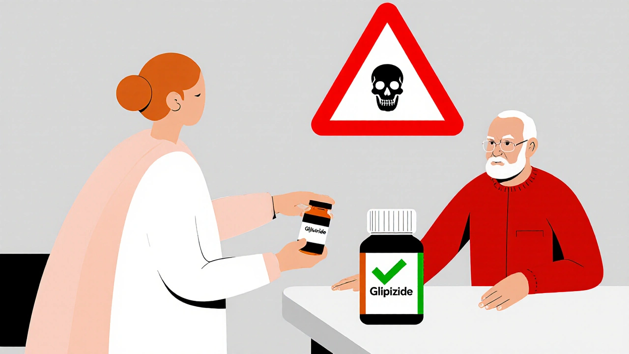Older adult receiving two diabetes pills, one marked with a warning triangle, the other with a green checkmark.