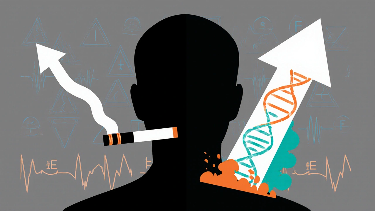 Patient silhouette split between smoking and quit-smoking states with genetic code and dose arrows in Bauhaus style.