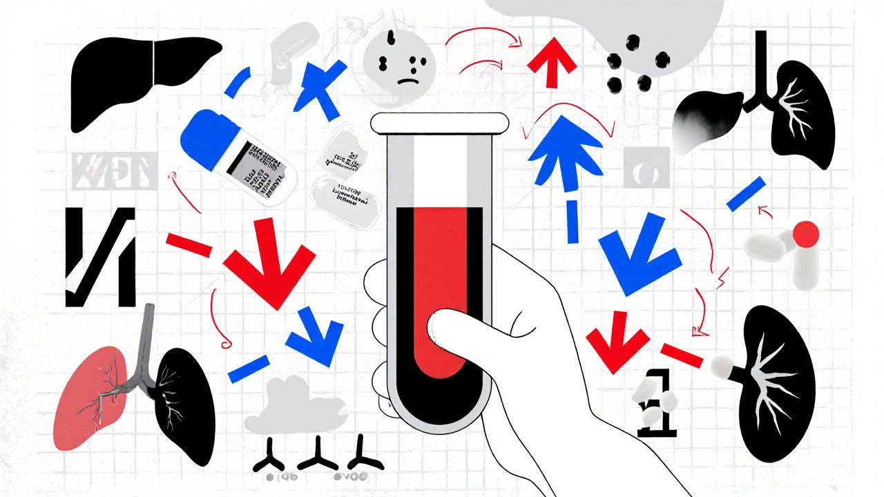Pharmacist holding a blood sample with floating drug icons affecting theophylline levels, set against a grid background of organs.