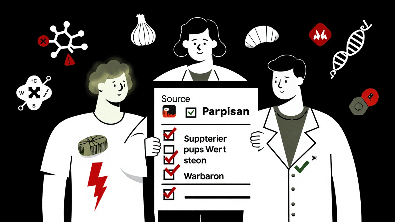 Pharmacist holding a checklist between two patients, one showing drug interaction warnings in Bauhaus design.
