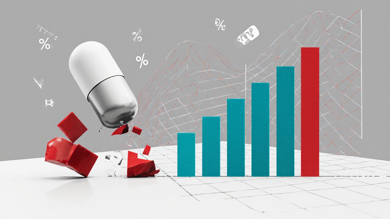 Pill dissolving into concentration bars, narrow and wide confidence zones shown with geometric shapes