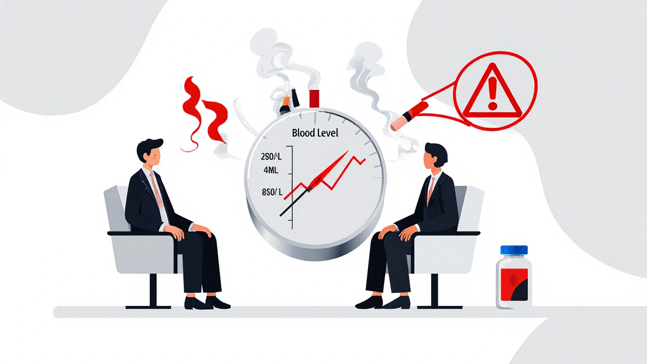 Psychiatrist and patient with floating blood level gauge showing dangerous clozapine changes due to smoking.