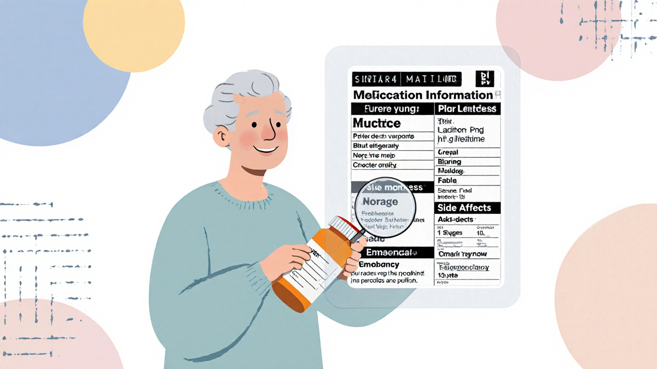 Senior using magnifying glass to read clear prescription label with standardized PMI layout