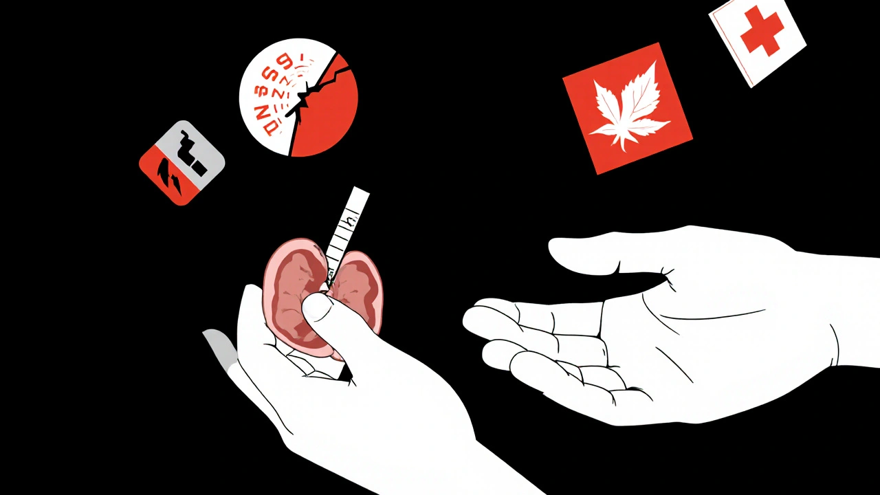 Silhouette holding healthy and damaged kidneys with medical icons floating around in Bauhaus design.