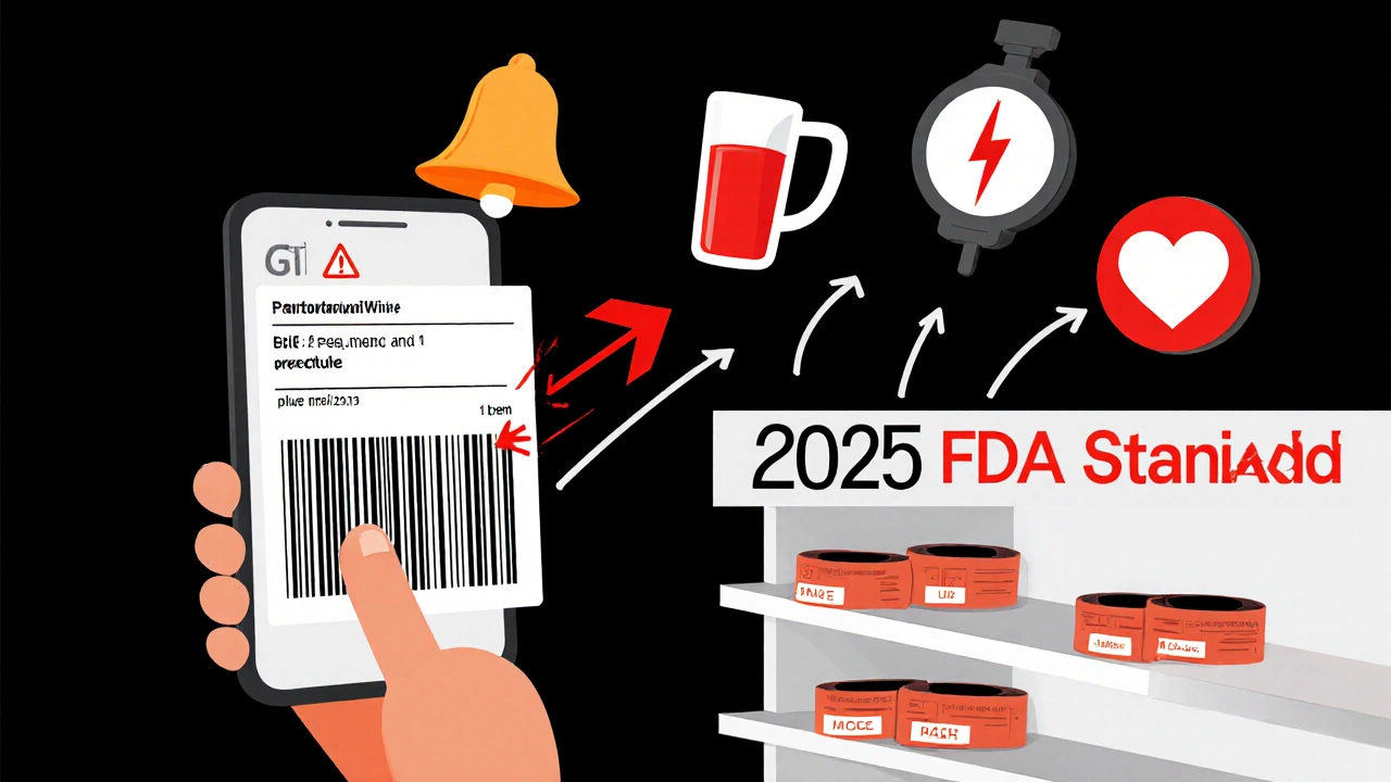 Smartphone scanning barcode on medicine bottle, releasing safety icons in geometric style