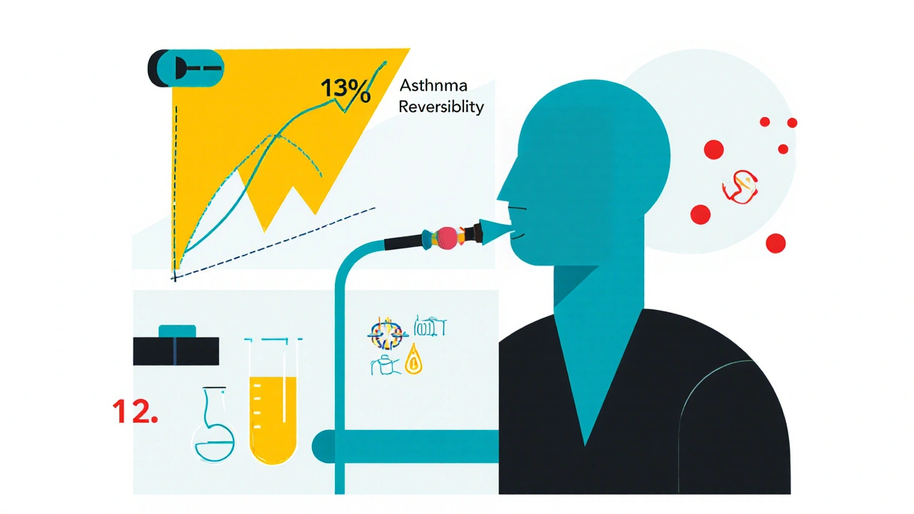 Spirometry test diagram comparing asthma reversibility and COPD obstruction with geometric shapes and numbers.