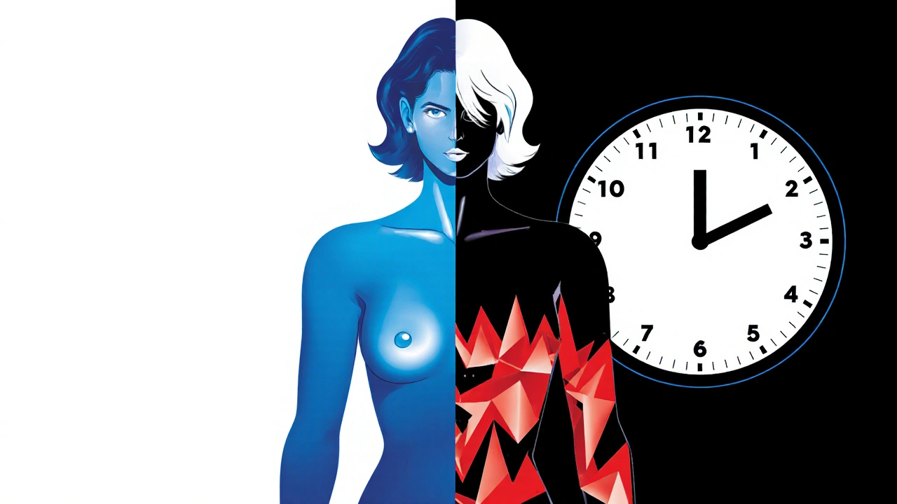 Split figure: calm upper body vs. chaotic lower body, with fading nausea over time.