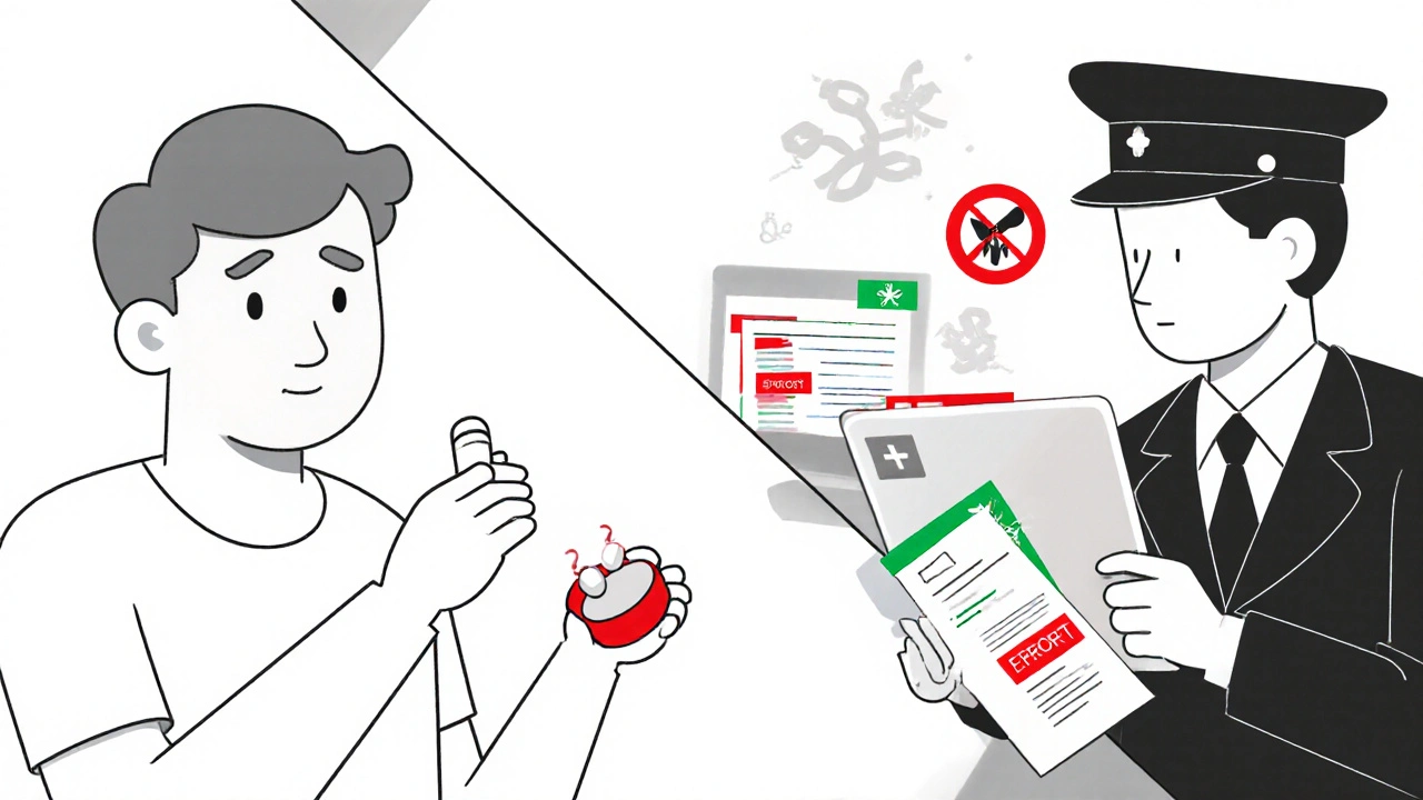 Split scene: patient confused by wrong dosage, safety officer reviews digital error alerts