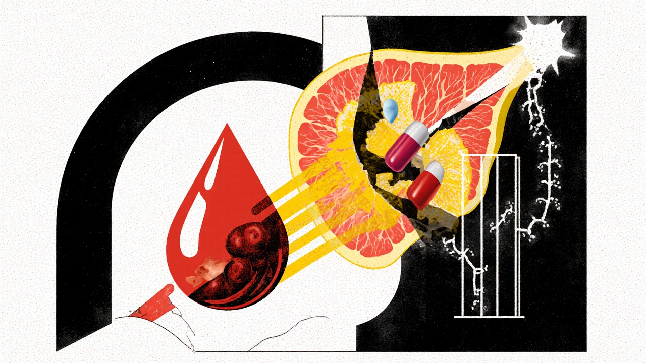 Statins and grapefruit juice colliding in a stylized liver chamber with blocked enzymes and broken transporters.