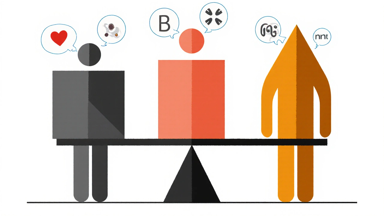 Three abstract drug shapes on a scale showing survival benefits in Bauhaus design