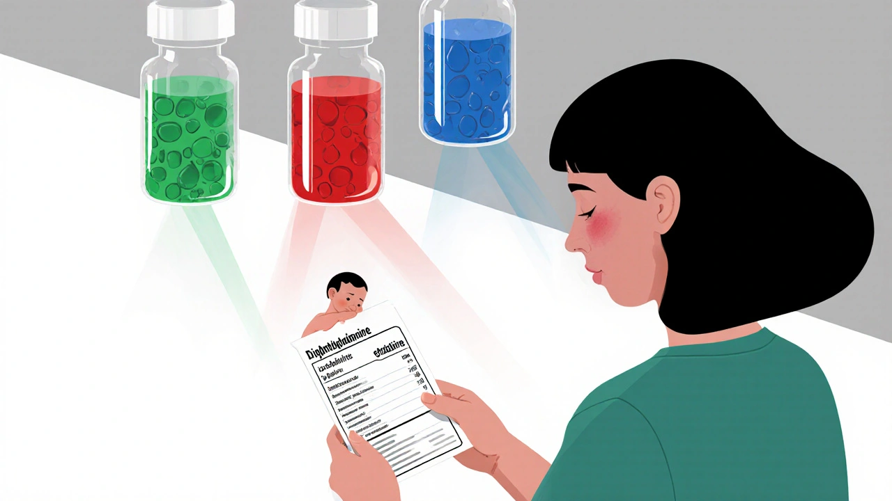 Three floating medicine vials showing safe and unsafe drug transfer to a sleeping baby, abstract Bauhaus design.