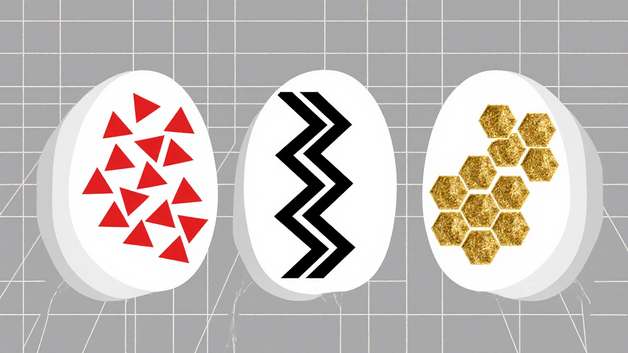 Three kidney filters under attack by IgA clusters, pressure waves, and sugar crystals in geometric style.