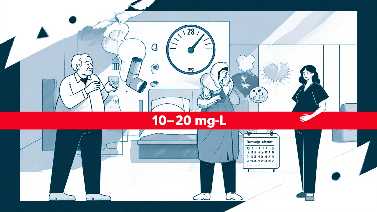 Three patients in a hospital ward with visual meters showing rising, falling, and monitored theophylline levels.