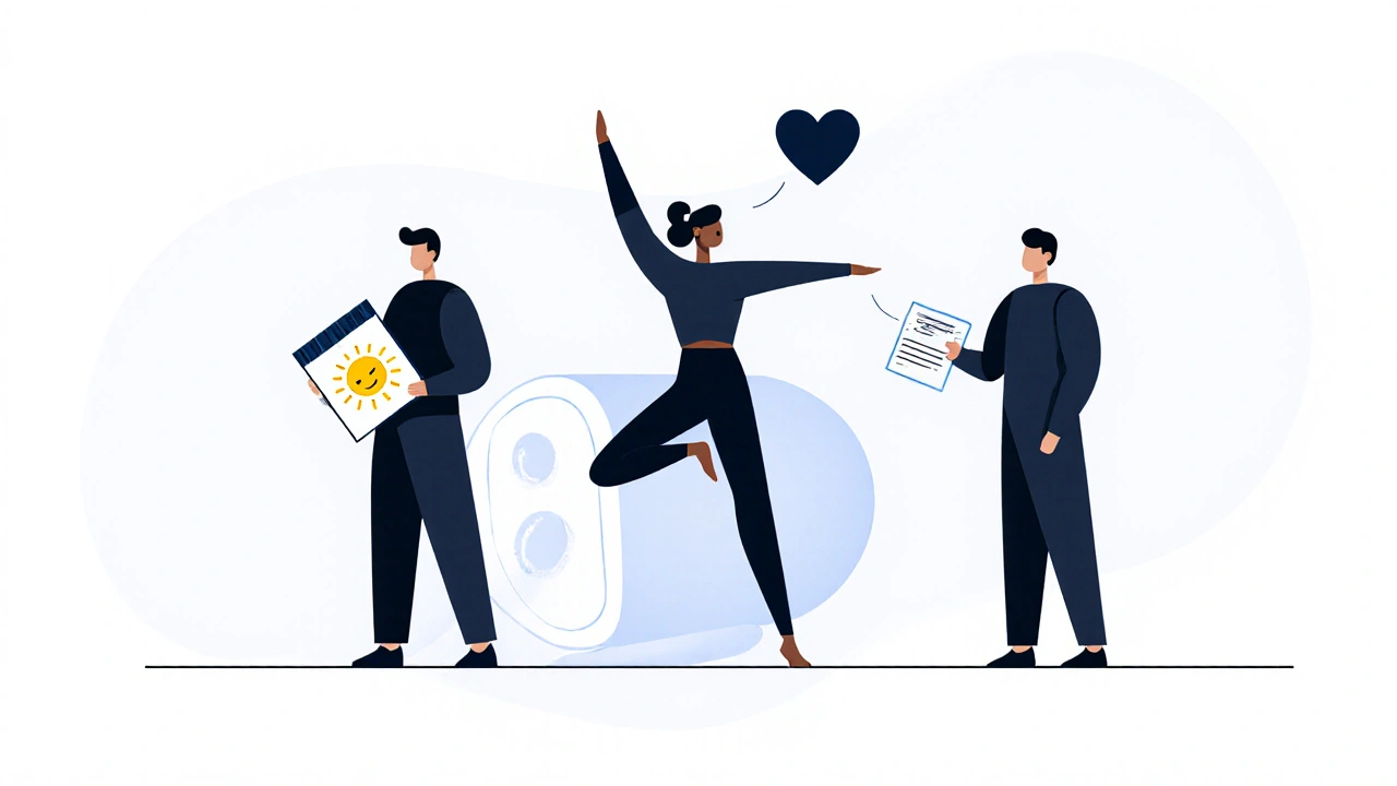 Three people practicing coping strategies with a fading prednisone pill in the background, Bauhaus style.