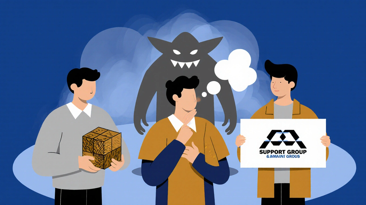 Three students supporting each other with visual symbols of grounding, breathing, and peer support in a minimalist style.