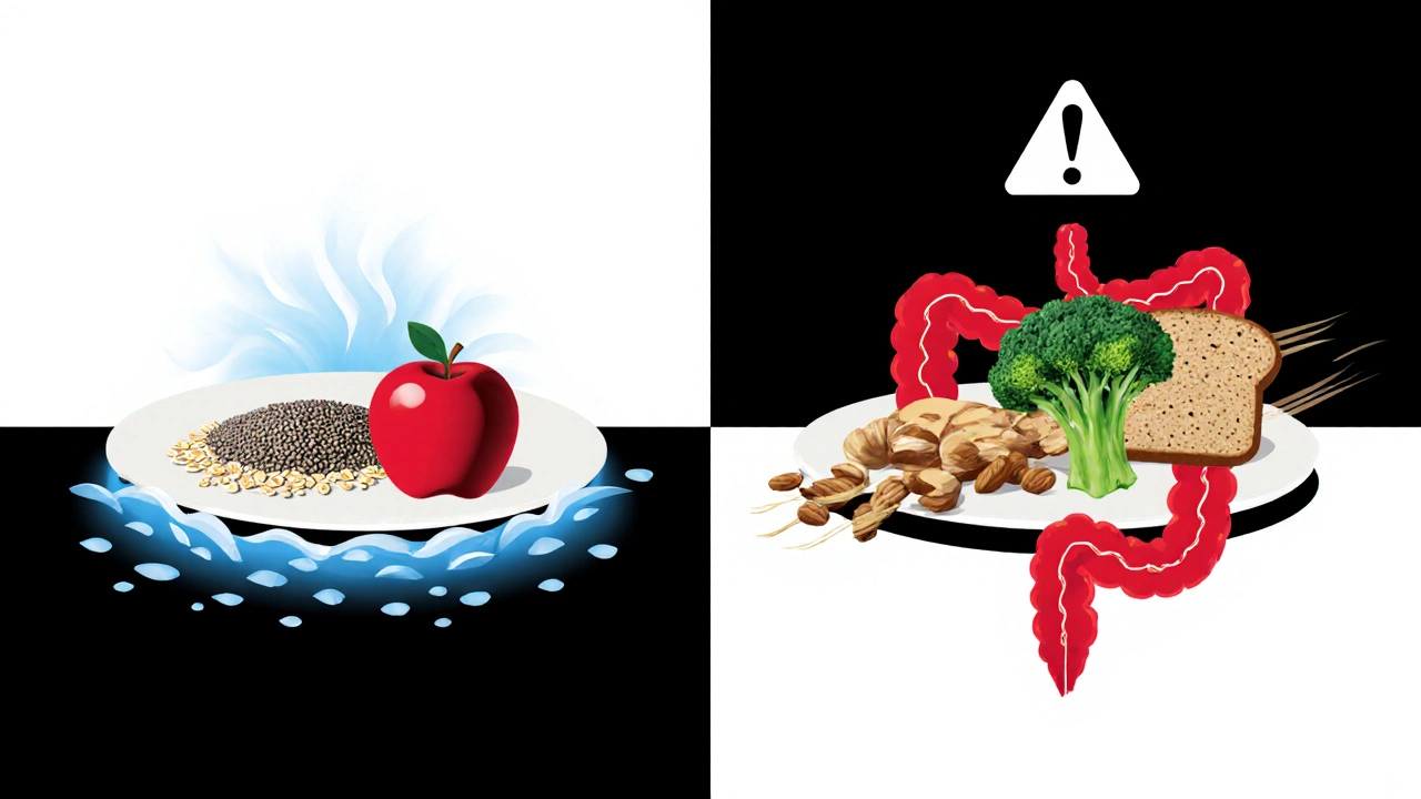 Two meal plates: soft blue soluble fiber foods vs. sharp red insoluble fiber foods.