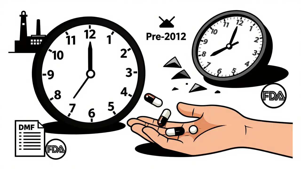 15-month clock turning into pills as broken old clock lies shattered in background