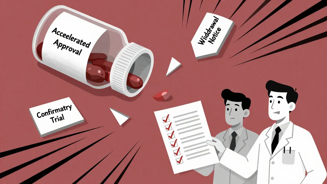 A broken drug bottle with labeled fragments floating away as medical professionals hold a new checklist.