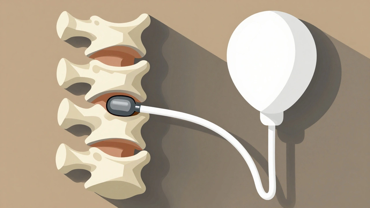 A collapsed vertebra being lifted by a balloon during kyphoplasty, contrasted with direct cement injection in vertebroplasty.