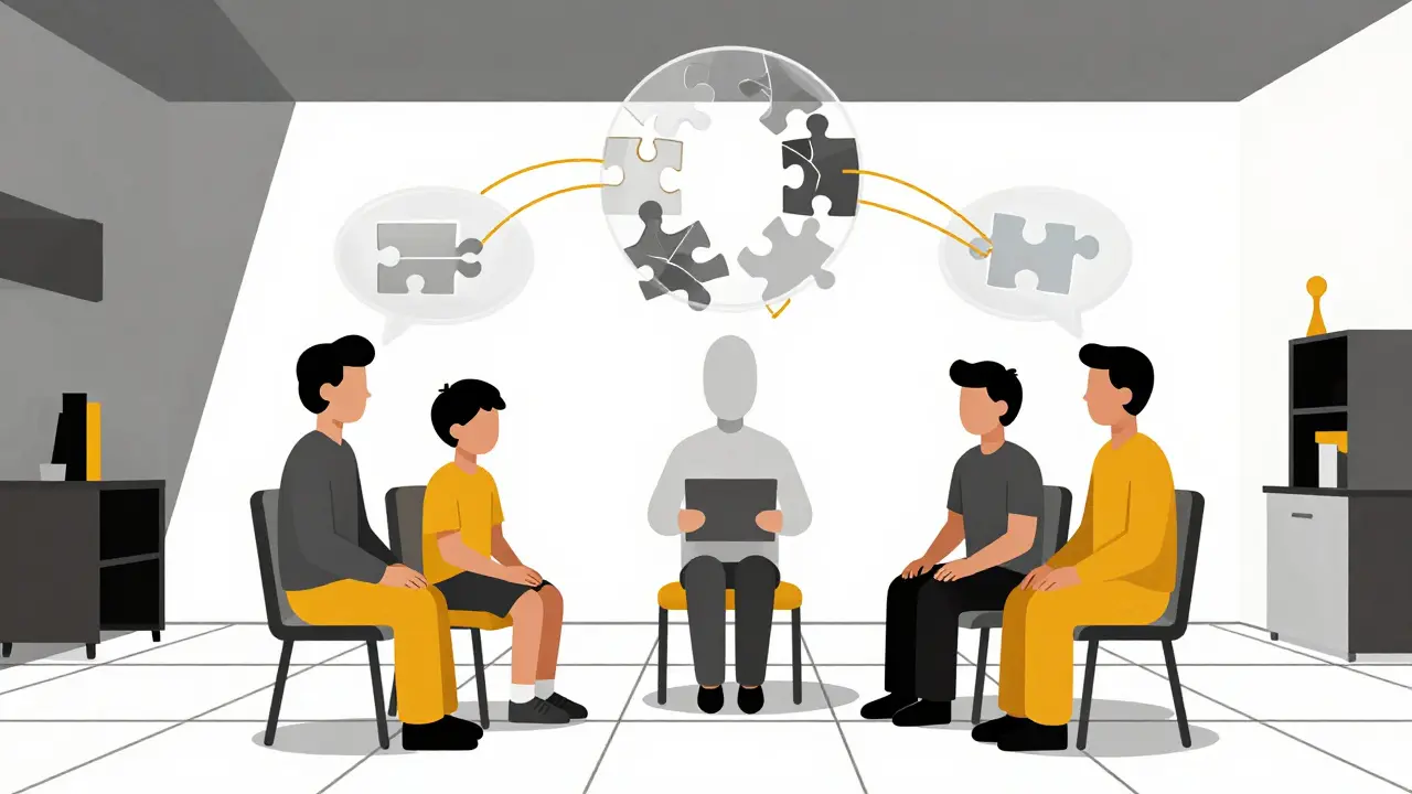 A family in therapy session with abstract shapes and connecting threads symbolizing improved communication.