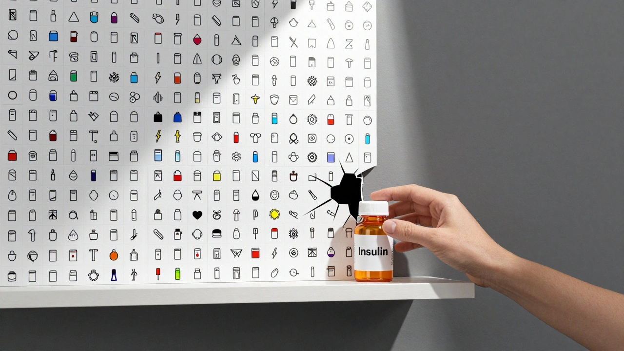 A patient&#039;s hand reaching for insulin, blocked by a wall of 200 patent icons, with one cracked open by a gear-and-lightning symbol.