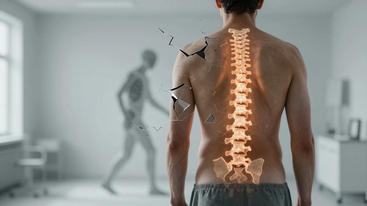 A patient standing tall with a restored spine, abstract crumbling shapes representing osteoporosis fading in the background.