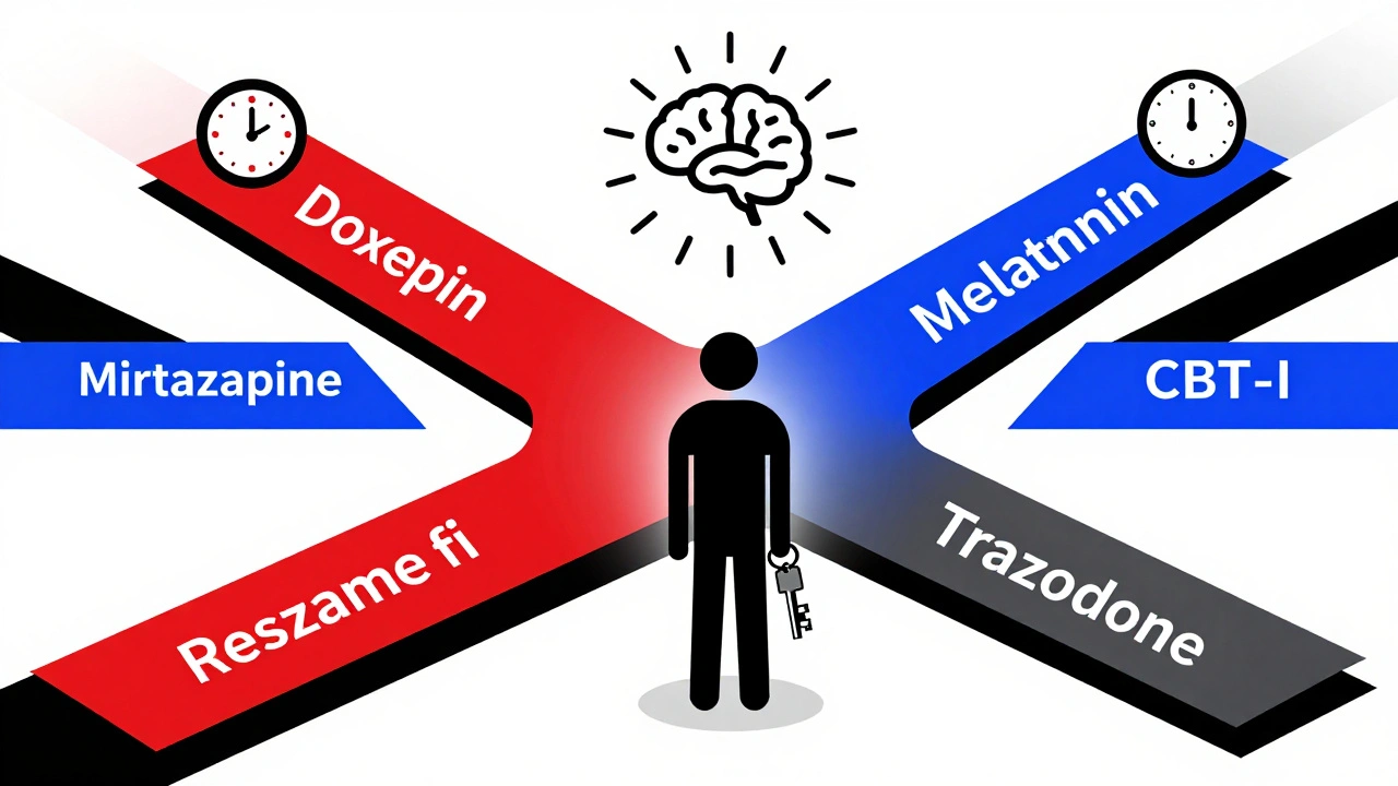 A person choosing between five sleep treatment paths in a geometric crossroads, each represented by clean Bauhaus symbols.