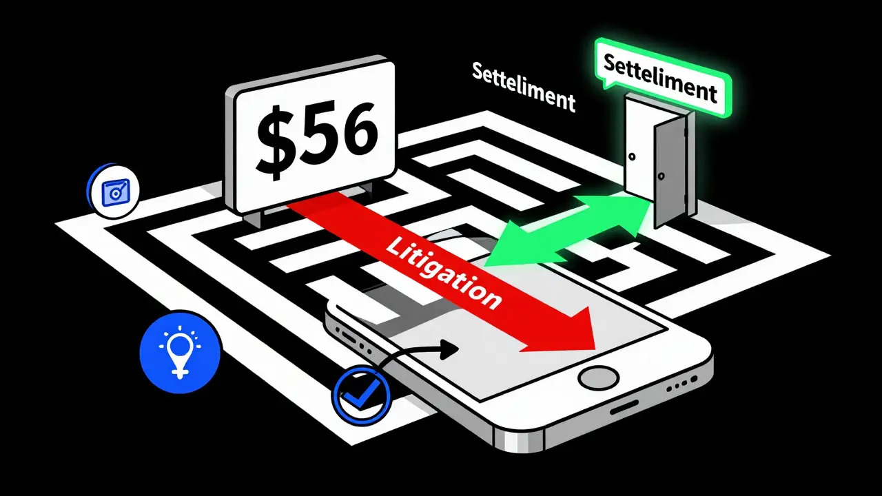 A smartphone faces a maze of patents; one path leads to costly litigation, another to a glowing settlement route.