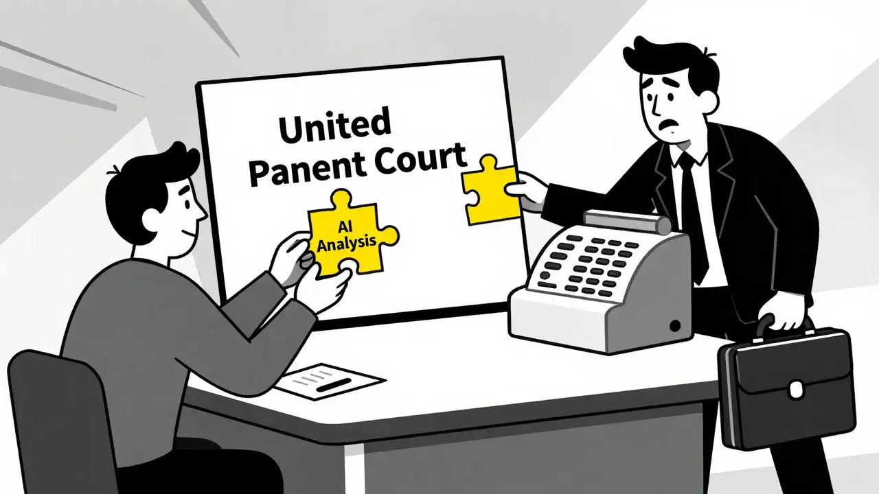 A tech company negotiates with a patent troll at a table, AI and international patent systems forming the backdrop.