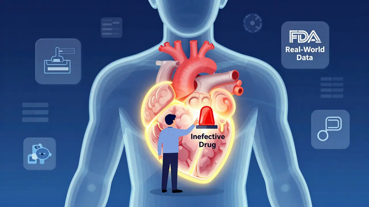 A transparent human body with an FDA official flipping a switch to turn off a warning light using real-world data.
