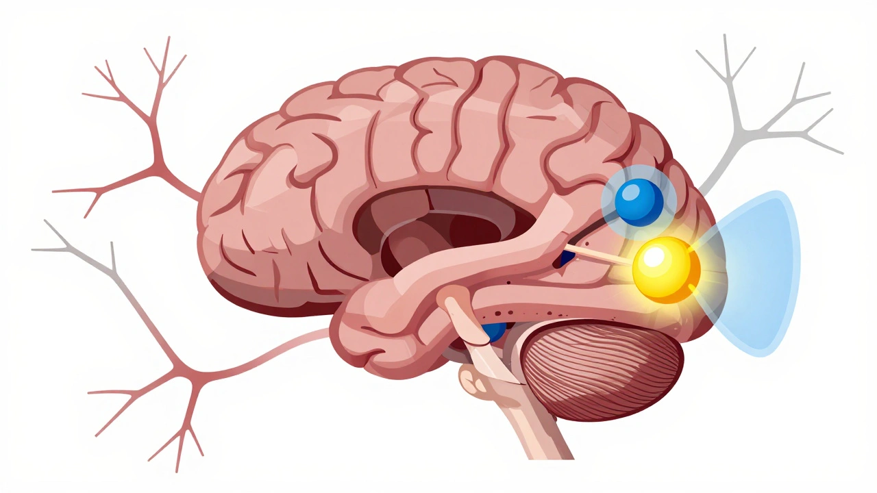 Abstract brain cross-section showing damaged dopamine cells and levodopa molecule entering with protective carbidopa.