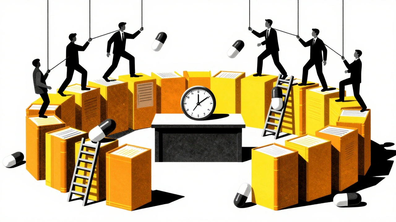 Abstract courtroom with a clock at 30 months and orange books forming a fortress, in Bauhaus design.