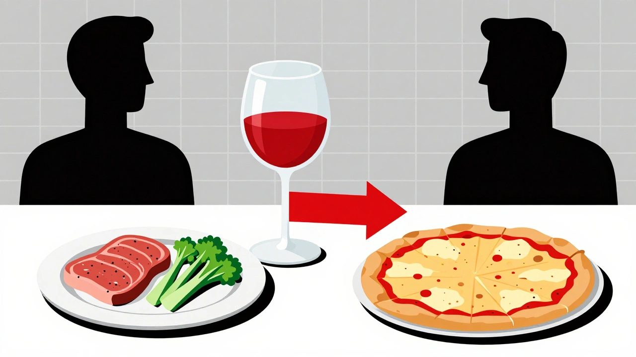Abstract dinner table with wine glass and pizza, showing alcohol-induced hunger in geometric Bauhaus design