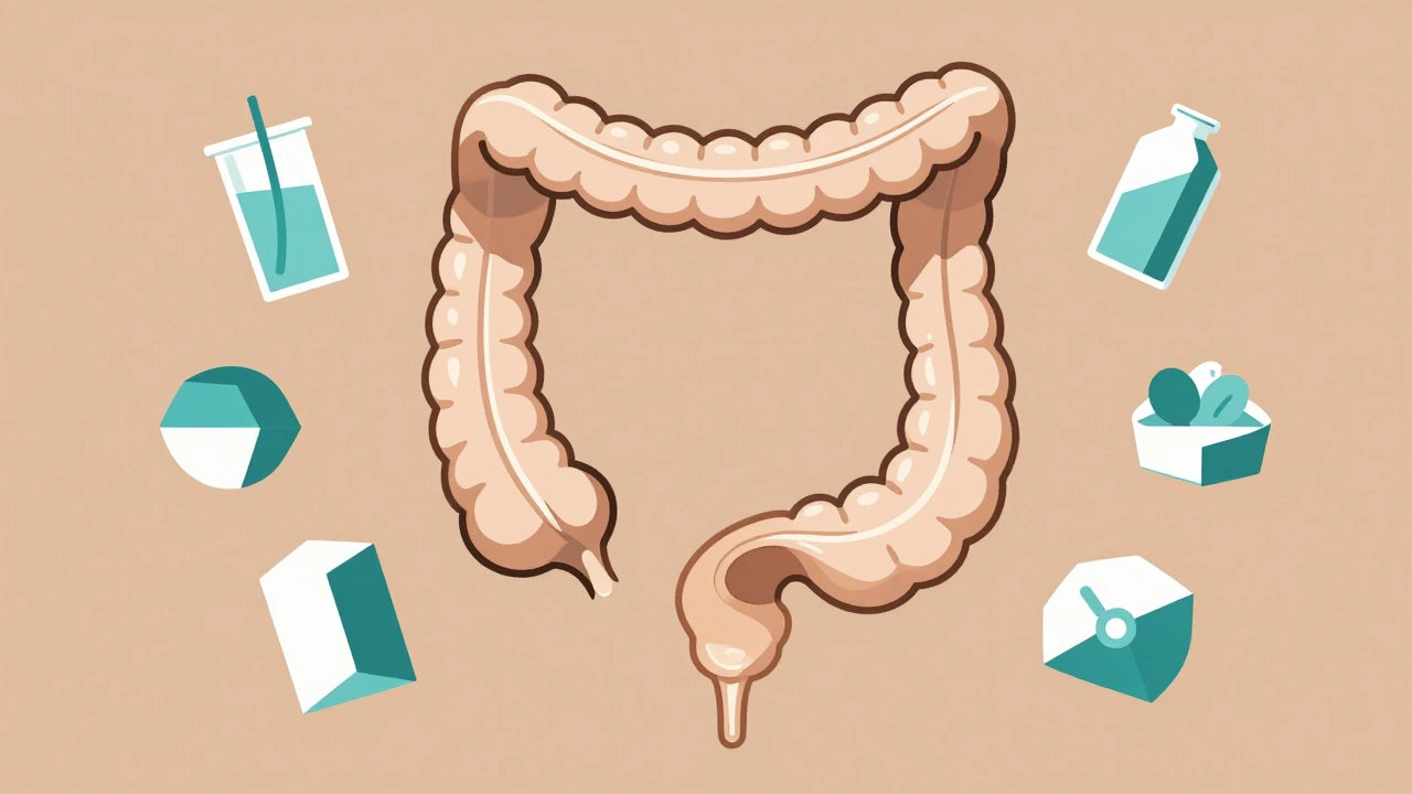 Artistic J-pouch anatomy with geometric shapes representing recovery, hydration, and diet in minimalist style.