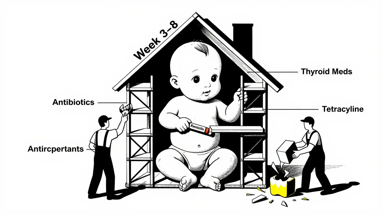 Baby's body as a construction site with medical treatments as building materials, some correct, some destructive.