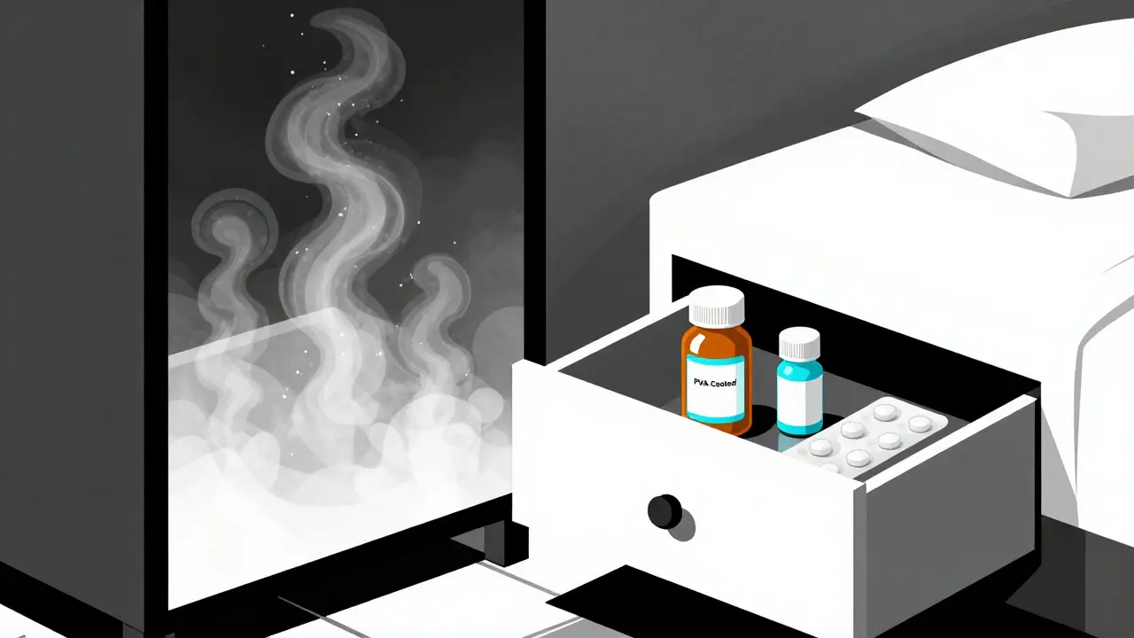 Bathroom steam vs. dry bedroom drawer storing pills, illustrated in minimalist Bauhaus geometry.