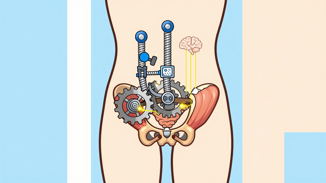 Broken gear representing pelvic floor dysfunction with biofeedback sensors.