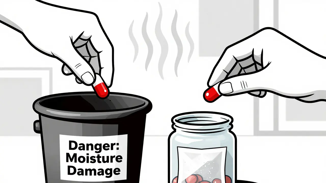 Discarding a damaged pill and safely storing a new one with desiccant in clean Bauhaus design.