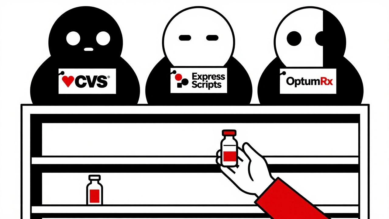 Empty pharmacy shelf with corporate logos above, patient reaching for one remaining vial, Bauhaus abstraction.