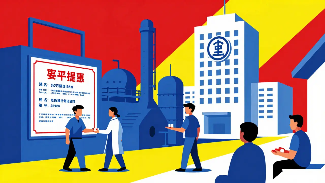 Factory producing generic pills under government license, corporate building in background