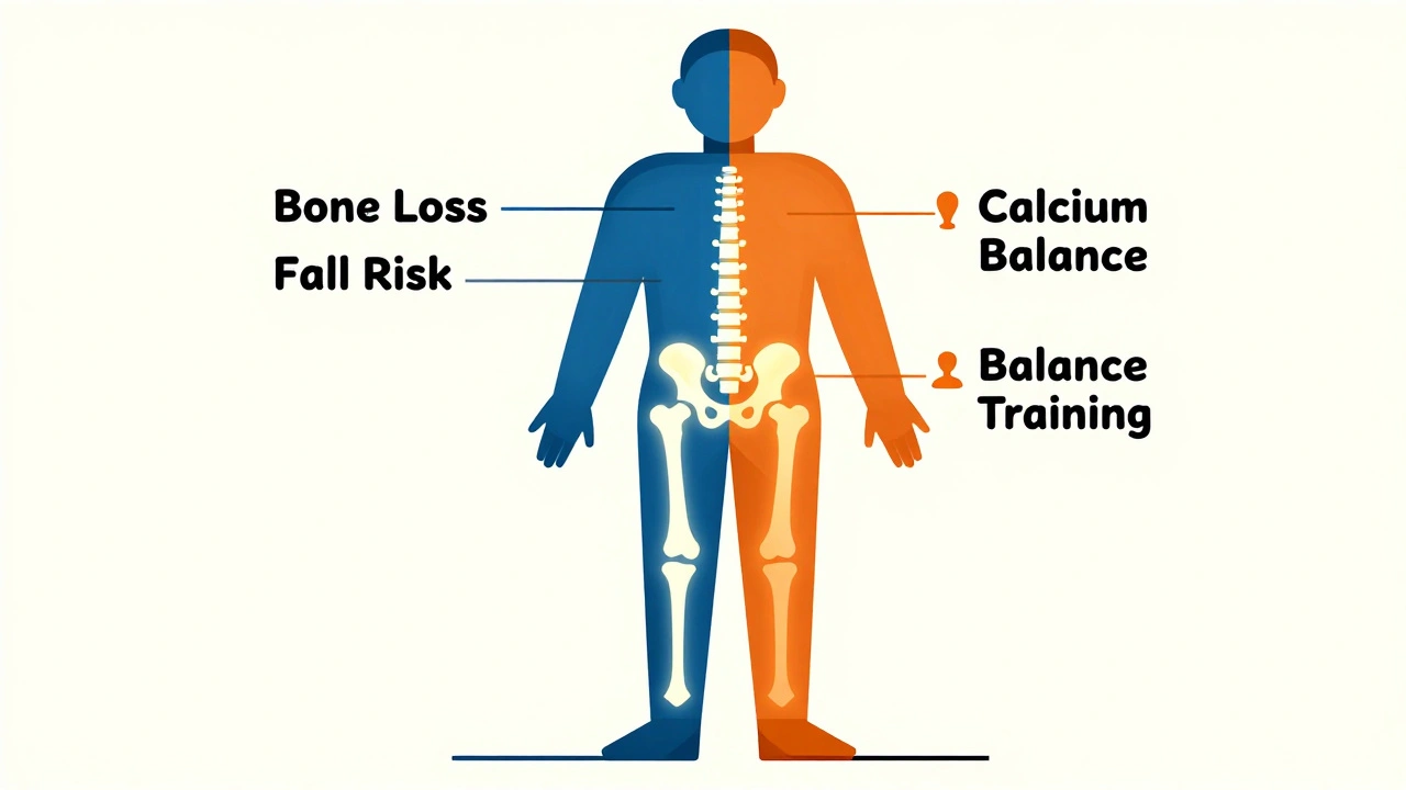 Geometric human figure with contrasting bone health zones in Bauhaus design, showing fall risk and balance training.