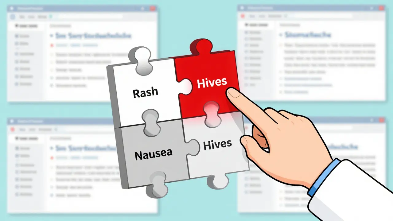 Medical chart as a puzzle with only one glowing red piece representing true allergy