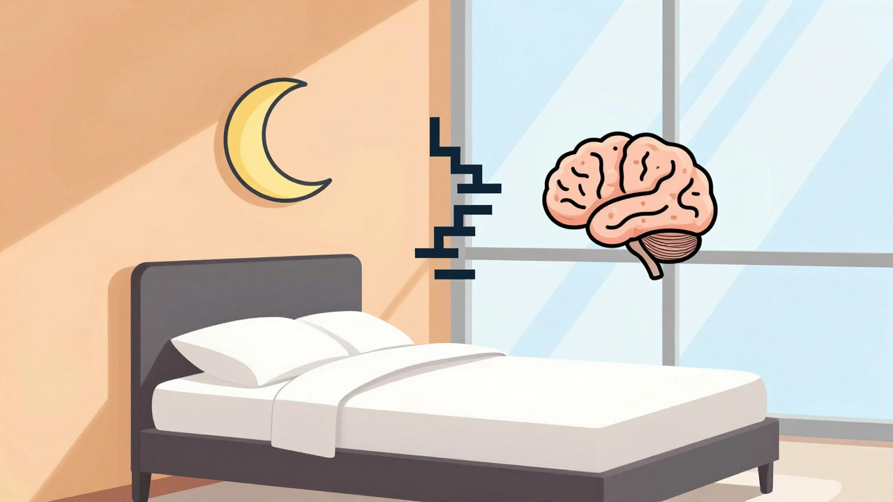 Minimalist bedroom scene with abstract shapes representing CBT-I&#039;s lasting sleep improvement, no pills, no text.